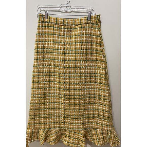 Anthropologie English Factory Midi Skirt Yellow Green Plaid Preppy Small New - Picture 2 of 15